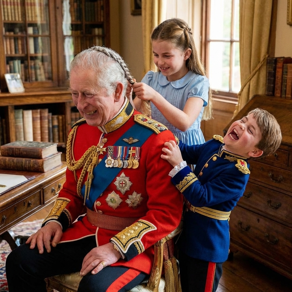 XĂła hoĂ ng tá» Geogre. ThĂȘm cĂŽng chĂșa Charlotte tháșŻt tĂłc con tĂt cho vua Charles. HoĂ ng tá» Louis cưá»i nghiĂȘng ngĂŁ.