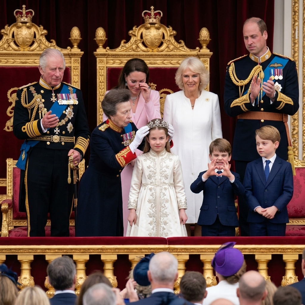 Thay đổi trang phục chuẩn hoàng gia khác cho công chúa Charlotte, Vua Charles và hoàng tử William. Hoàng tử  Louis dơ 2 tay về phía trước bắn tim và nhíu một mắt cười.