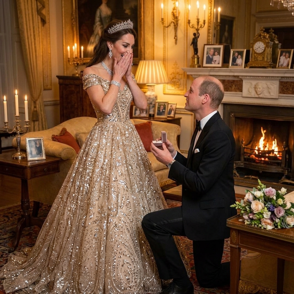 Thay đổi trang phục váy lấp lánh kim sa lông lẫy khác cho công nương Kate và thay đổi vest khác cho hoàng tử William.  Công nương Kate 2 tay che miệng bất ngờ.