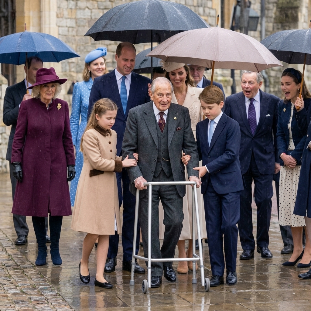 Xóa chữ nhỏ trong ảnh. Thay đổi trang phục khác cho bà Camilla. Thay đổi ông lão vào vị trí của bà lão đẩy xe nạn.