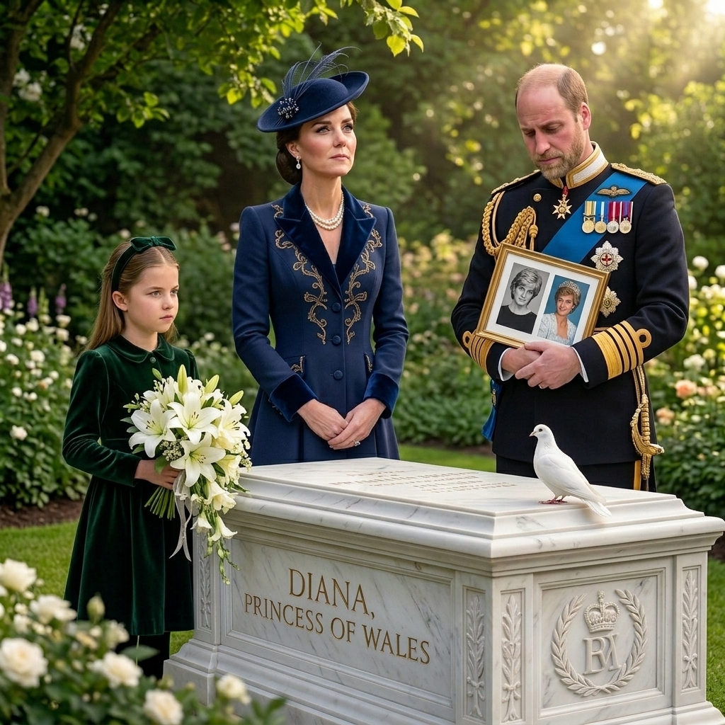 Thay đổi trang phục chuẩn hoàng gia khác cho công nương Kate, công chúa Charlotte. Hoàng tử William có thêm râu cua nón nhạt không sẩm. xóa tấm ảnh bà Diana trên mộ. Công chúa Charlotte ôm bó hoa Lily mà trắng.