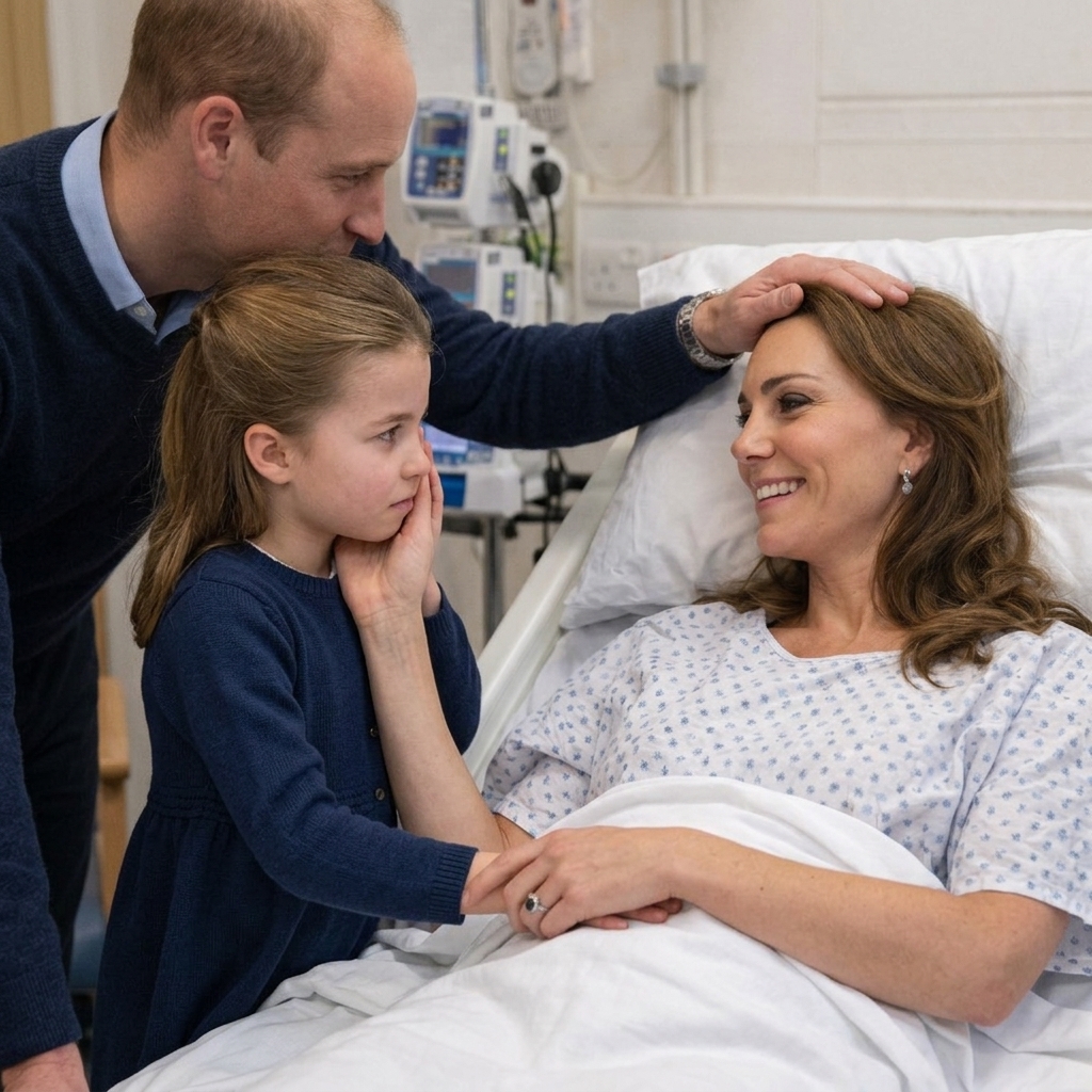 Thay đổi khoảnh khắc hoàng tử William xoa đầu, cử chỉ ân cần cho công nương Kate. Thêm công chúa Charlotte cầm tay công nương Kate đưa lên má với vẻ mặt yêu thương lo lắng cho công nương Kate. Ánh mắt công nương hạnh phúc nhìn công chúa Charlotte.