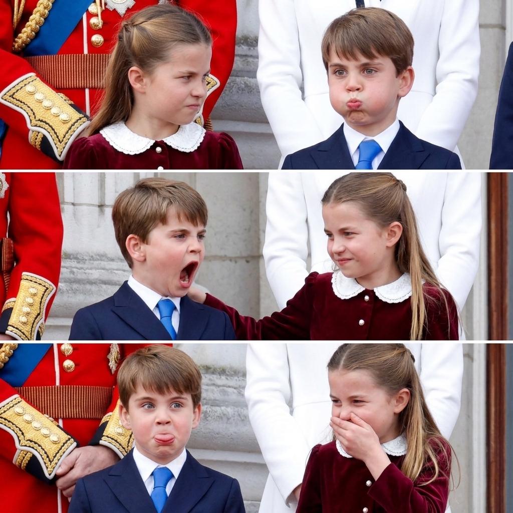 Thay đổi 3 khoảnh khắc hài hước khác nhau cho hoàng tử Louis ở 3 phần ảnh. Giữ nguyên bố cục ảnh. Thay đổi trang phục khác cho công chúa Charlotte.