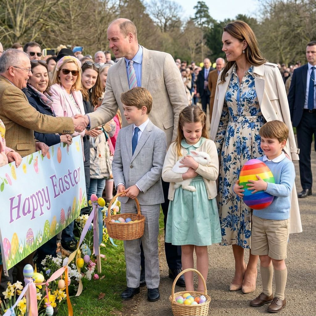 Thay đổi trang phục khác cho các thành viên trong gia đình công nương Kate. Công chúa Charlotte bế con thỏ trắng trên tay. Hoàng tử Louis ôm quả trứng 7 sắc cầu vồng.