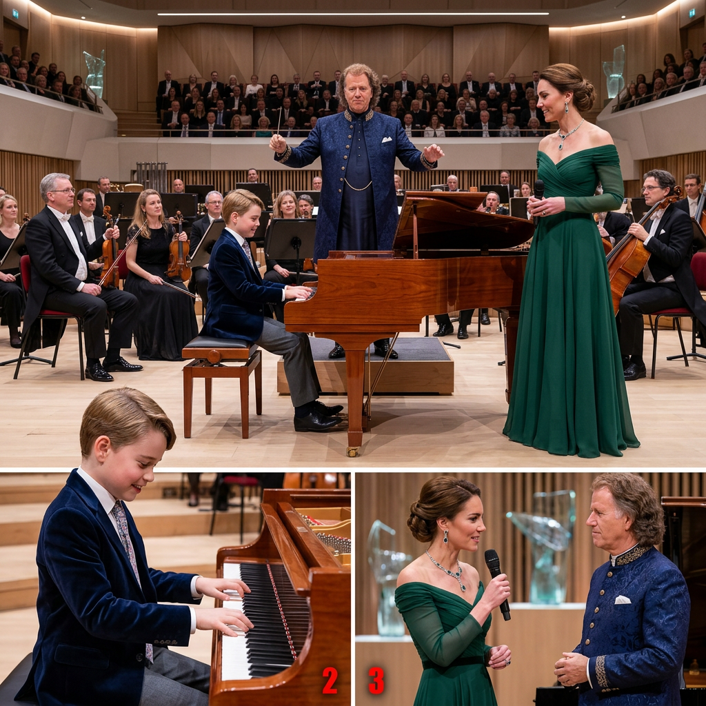 Thay đổi trang phục mọi người trong ảnh. Thay đổi không gian hòa nhạc khác. Hoàng tử Geogre đang đánh đàn piano. Giữ nguyên bố cục ảnh.