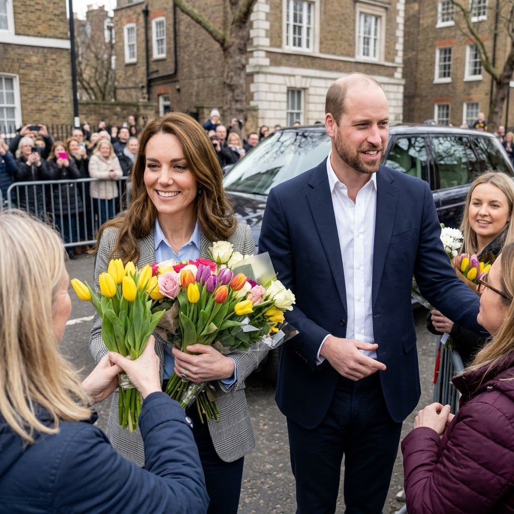 Thay đổi góc chụp khác khi công nương Kate được tặng hoa. Thêm hoàng tử William đứng cạnh công nương Kate và hoàng tử William có râu cua nón nhạt không sẩm và không đội nón.