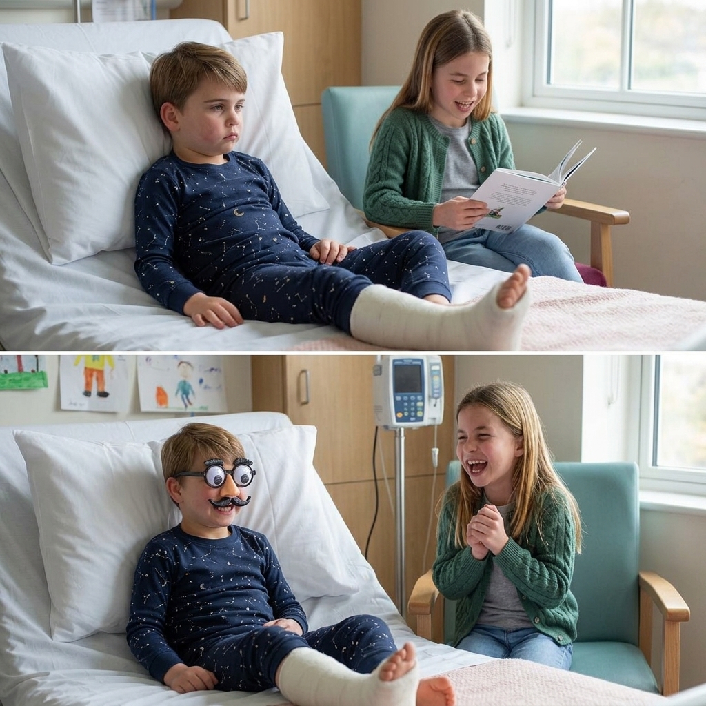 Thay đổi trang phục bênh nhân khác cho hoàng tử Louis. Thay đổi trang phục khác cho công chúa Charlotte. Giữ nguyên bố cục ảnh: Phần ảnh phía dưới thay đổi khoảnh khắc đáng yêu hài hước khác cho hoàng tử Louis và công chúa Charlotte.