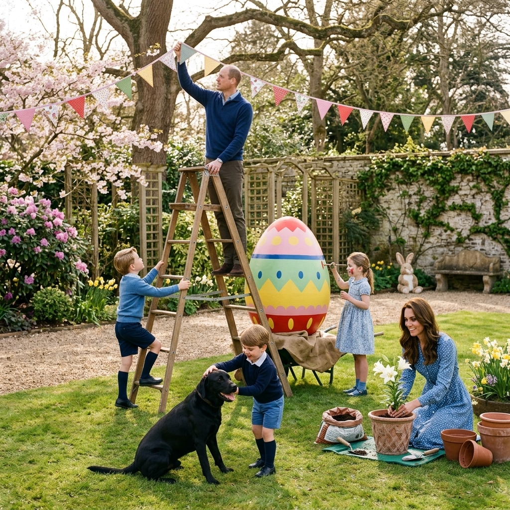 Thay đổi khĂ´ng gian sân vườn. HoĂ ng tá» William đứng trĂŞn thang treo cờ dây trang trĂ vĂ hoĂ ng tá» Geogre đứng giữ thang. cĂ´ng nương Kate trồng hoa Lily trắng vĂ o cháşu. CĂ´ng chĂşa Charlotte tĂ´ mĂ u quả trứng phục sinh khổng lồ. HoĂ ng tá» Louis chơi đùa vá»›i chĂş chĂł Ä‘en.