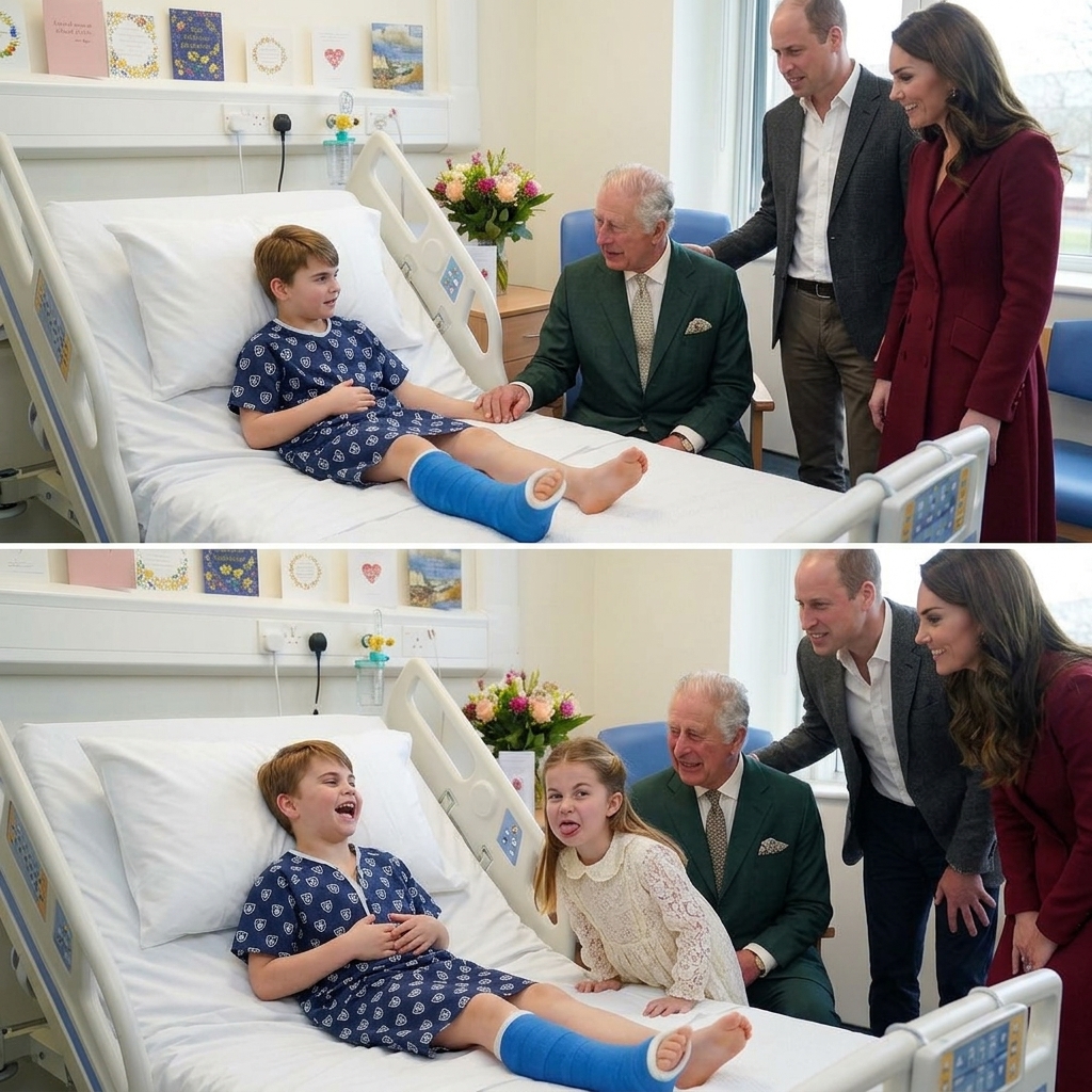 Thay đổi trang phục khác cho hoàng tử William, công nương Kate, công chúa Charlotte và vua Charles. Thay đổi trang phục bệnh nhân khác cho hoàng tử Louis và giữ nguyên chân bị bó bột. Giữ nguyên bố cục ảnh: Phần ảnh phía dưới thay đổi khoảnh khắc làm trò hài hước khác của công chúa Charlotte.