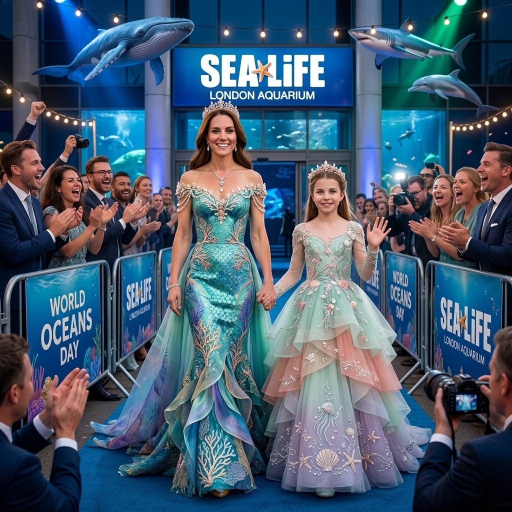 Thay đổi trang phục nàng tiên cá khác khác cho công chúa Charlotte và công nương Kate. Thay đổi không gian trước sảnh thủy cung SEA LIFE London Aquarium.