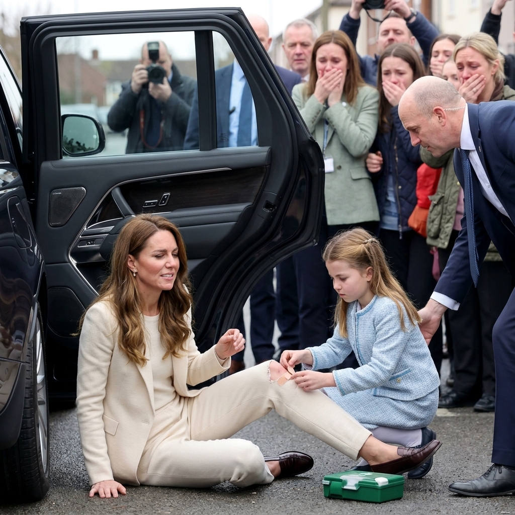 Thay đổi trang phục khác cho công nương Kate và công chúa Charlotte. Thêm chỗ quần công nương Kate bị rách đầu gối và công chúa Charlotte dùng miếng băng cá nhân nhỏ dán chỗ bị thương trên gối của công nương Kate. Khuôn mặt công nương Kate tỏ vẻ rất đau đớn.
