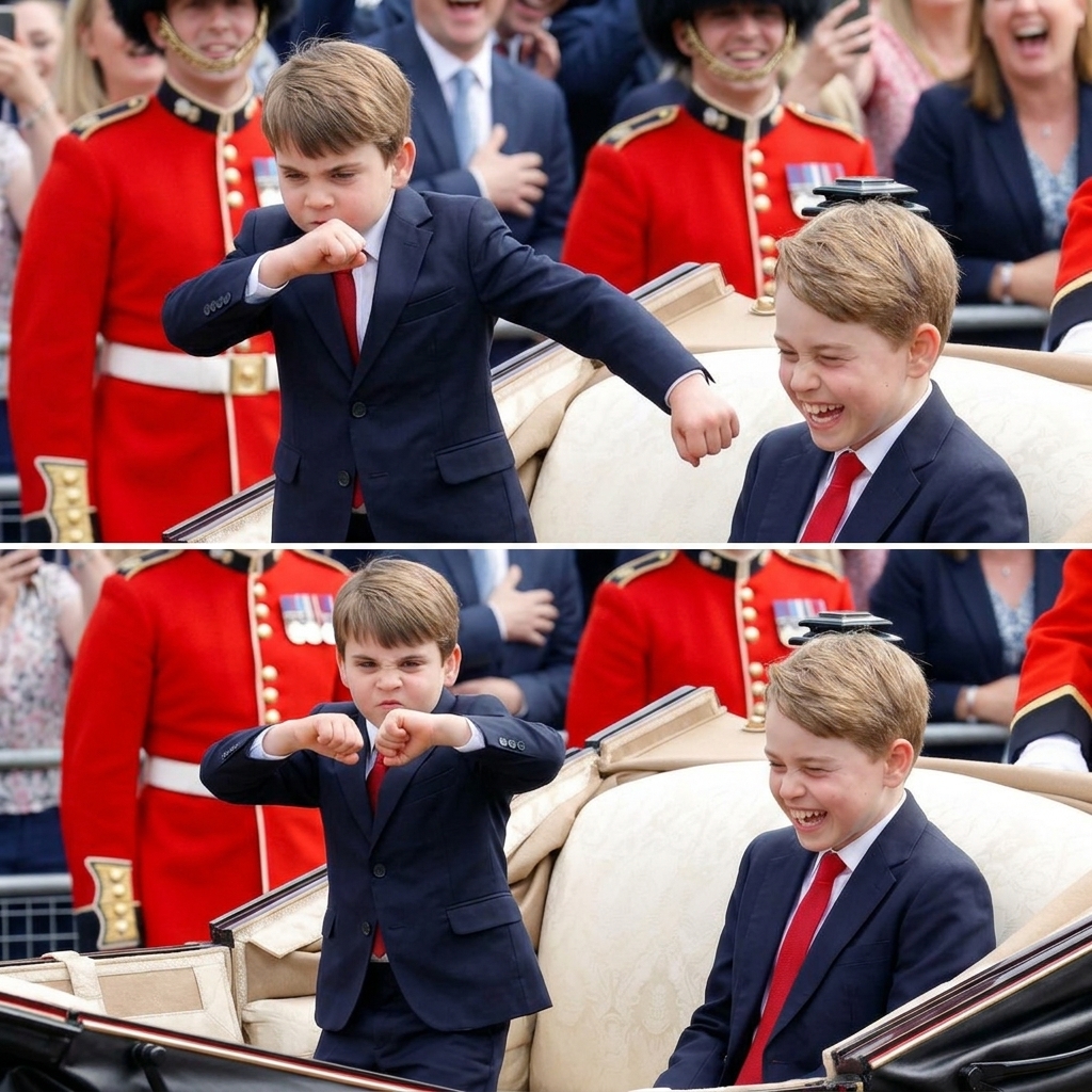 Thay đổi động tác điệu nhảy aura farming cho hoàng tử Louis. Bố cục ảnh chia làm 2 phần: Phần ảnh phía trên và phía dưới có 2 động tác điệu nhảy aura farming khác nhau cho hoàng tử Louis.