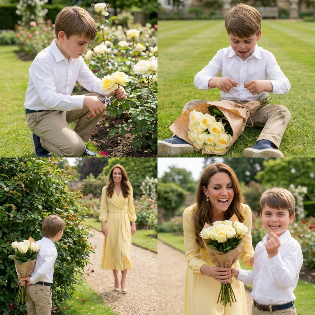 Thay đổi màu vàng nhạt cho váy của công nương Kate. Thay đổi màu hoa hồng trắng vàng. Giữ nguyên bốc cục ảnh.