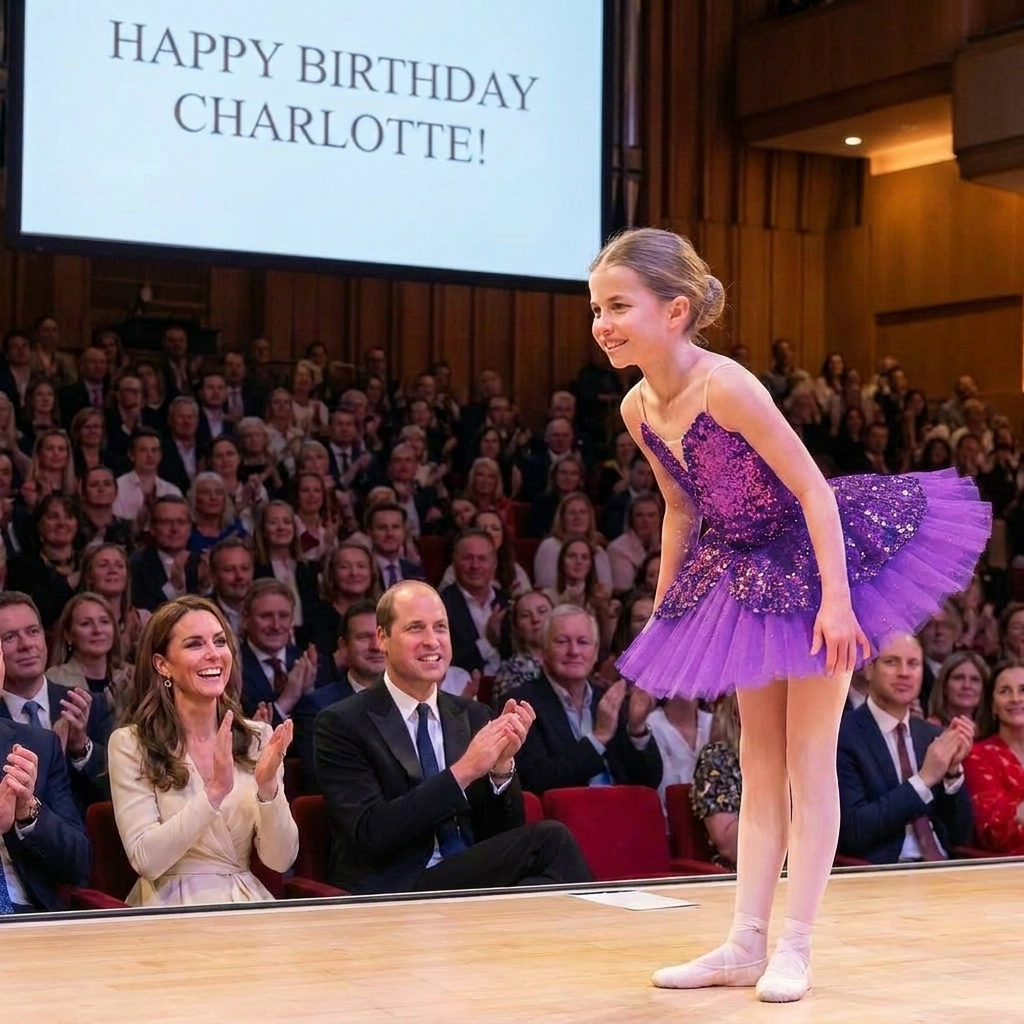 Thay đổi trang phục khác cho hoàng tử William và công nương Kate. Thay đổi màu váy múa ba lê của công chúa Charlotte thành màu tím lấp lánh kim sa.