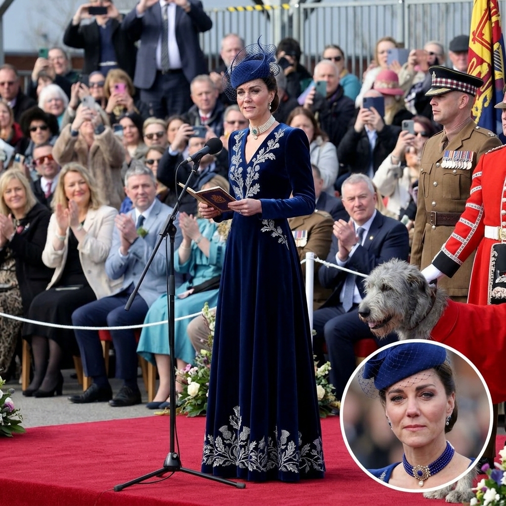 Thay đổi trang phục hoàng gia khác cho công nương Kate. Không gian công nương Kate đứng trên sân khấu có thảm đỏ và khán giả ngồi phía dưới. Giữ nguyên binh lính và con chó. Xóa hình nhỏ focus trong hình. Thêm một hình focus tròn nhỏ khoảnh khắc công nương Kate xúc động.