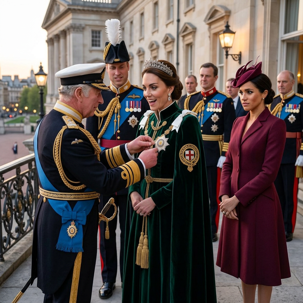 Thay đổi trang phục hoàng gia khác cho mọi người trong ảnh. Không gian đứng trước ban công cung điện hoàng gia. Thêm bà Meghan với khuôn mặt ganh tị. Xóa bà Camilla.
