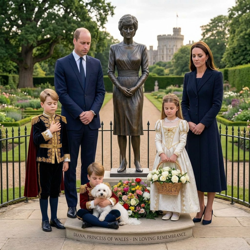 Thay đổi không gian trong khu vườn Hoàng gia Anh. Gia đình công nương Kate đứng trước tượng bà Diana để tưởng niệm. Hoàng tử Geogre, Louis để tay trên ngực nhắm mắt, công chúa Charlotte 2 tay cầm lẳng hoa hồng trắng. William và Kate đứng nhắm mắt tưởng nhớ.