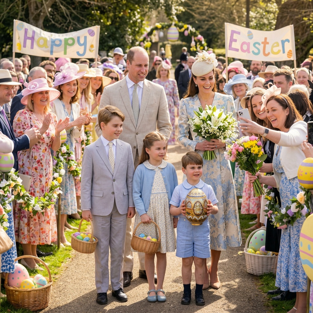 Thay đổi trang phục khác cho gia đình hoàng tử William và công nương Kate. Hoàng tử Louis cầm một quả trứng phục sinh to. Thay đổi bó hoa Lily trắng khác trên tay công nương Kate. 