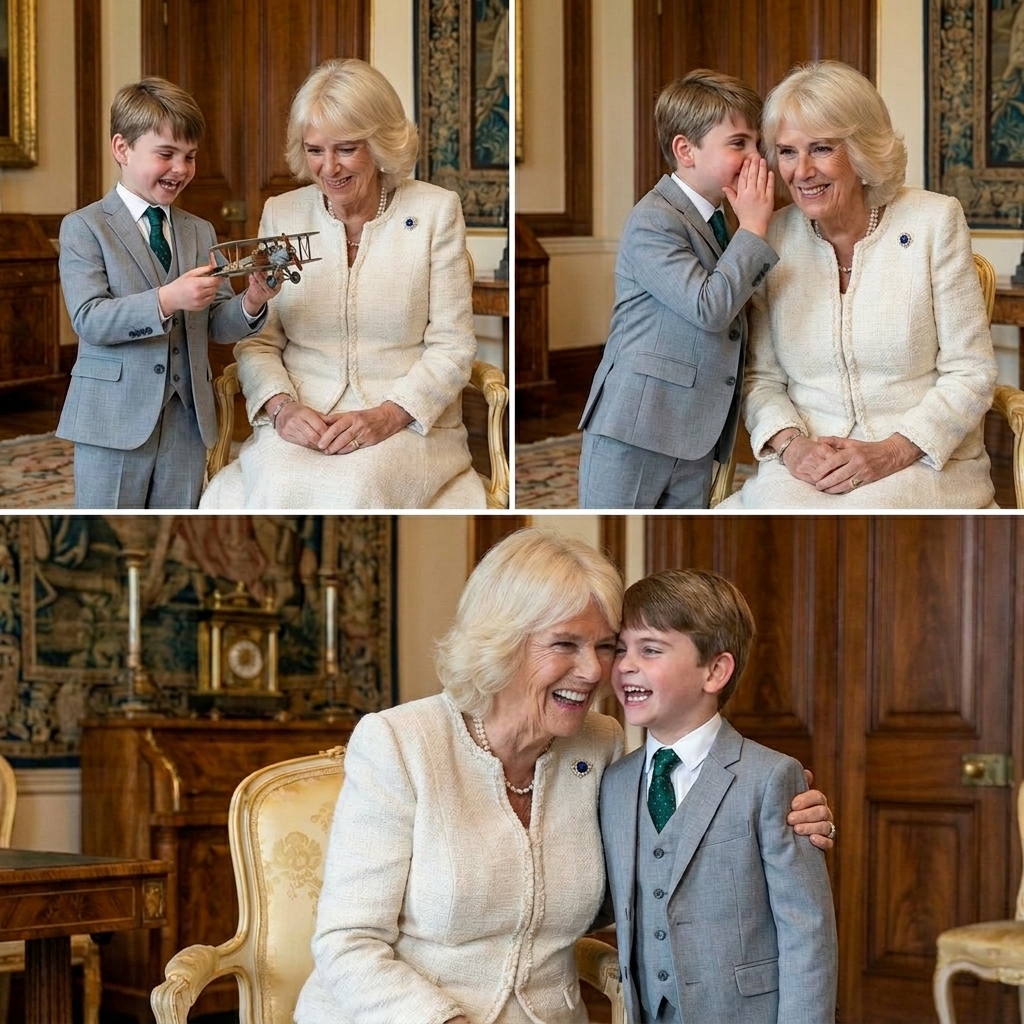 Thay đổi trang phục khác cho bà Camilla và hoàng tử Louis. Thay đổi 2 khoảnh khắc đáng yêu khác cho bà Camilla và hoàng tử Louis. Giữ nguyên bố cục ảnh: Phần ảnh phía dưới thay đổi khoảnh khắc bà Camilla và hoàng tử Louis  áp má vào nhau cười.