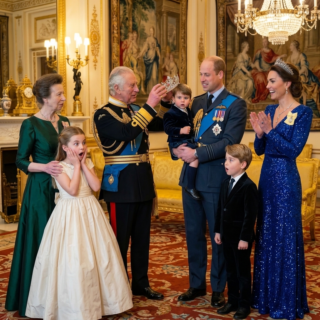 Thay đổi trang phục hoàng gia khác cho tất cả mọi người trong ảnh. Hoàng tử William bế hoàng tử Louis trên tay để vua Charlet trao vương miệng hoàng gia  cho hoàng tử Louis. Công chúa Charlotte vẻ mặt bất ngờ đứng cạnh bà Anne. Công nương Kate vui mừng vỗ tay.