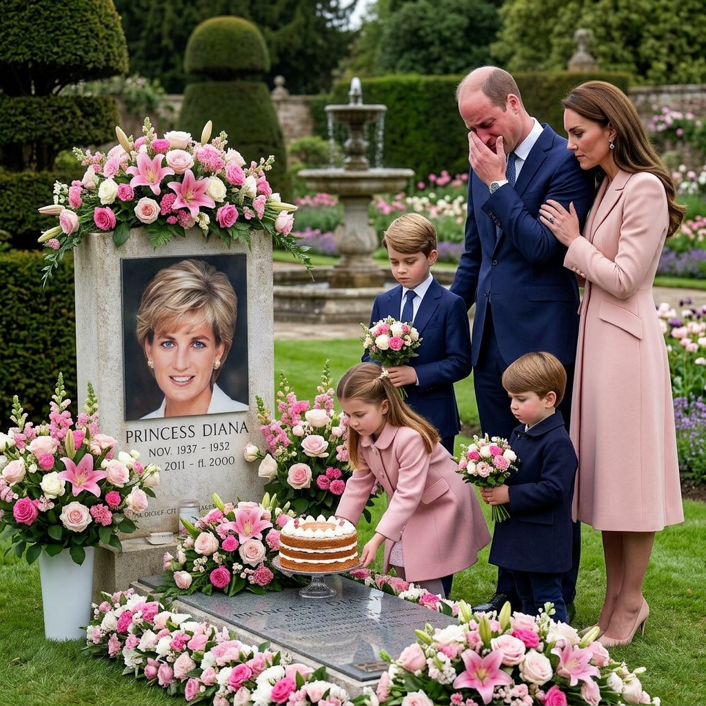 Thay đổi trang phục hoàng gia Anh cho mọi người trong ảnh. Thay đổi không gian trong vườn hoàng gia Anh. Thay đổi màu hoa thành màu hồng. Công chúa Charlotte đặt bánh kem xuống mộ. Hoàng tử William một tay che lên mặt khóc. Công nương Kate không cầm hoa choàng tay lên vai hoàng tử William an ủi.