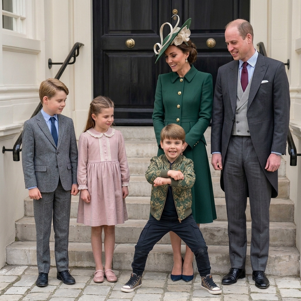 Thay đổi trang phục khác cho tất cả thành viên trong gia đình công nương Kate. Thay đổi tư thế điệu nhảy Gangnam style cho hoàng tử Louis.