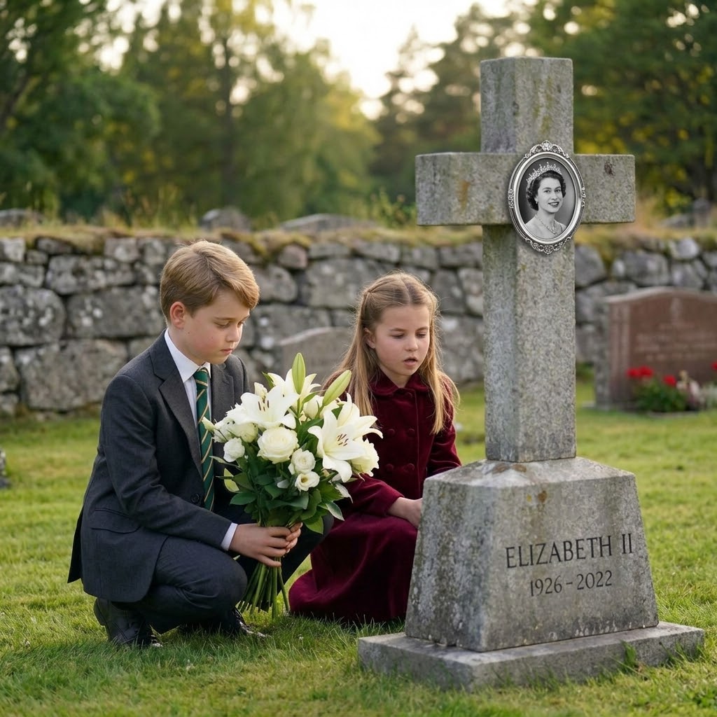 Thay đổi màu trang phục khác cho công chúa Charlotte và hoàng tử Geogre. Thêm bức ảnh nhỏ trắng đen bà Elizabeht II gắn trên cây trụ thánh giá. 