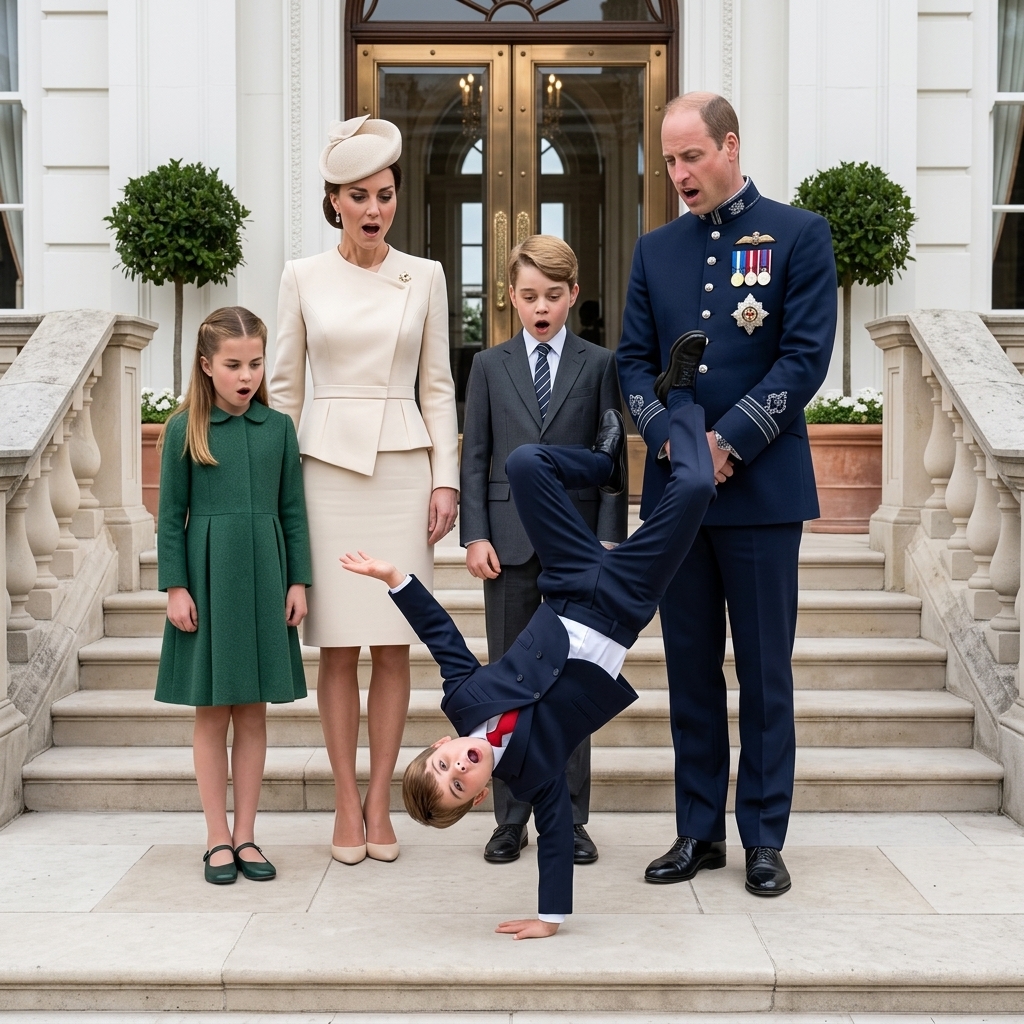 Thay đổi trang phục khác cho tất cả mọi người trong ảnh. Hoàng tử Louis trồng cây chuối chống một tay kiểu nhảy hiphop. Thay đổi không gian trước sảnh cung điện.