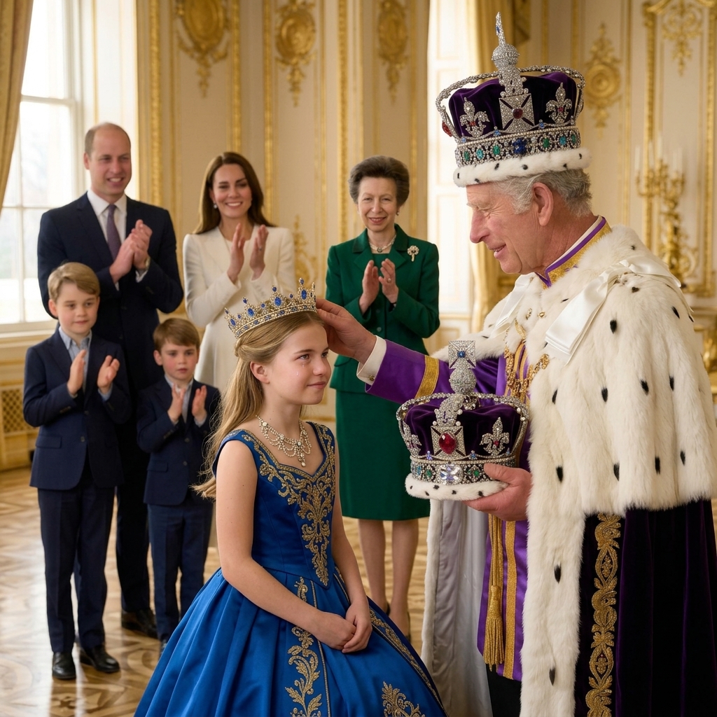 Thay đổi trang phục hoàng gia khác cho công chúa Charlotte. thêm bà Anne đứng cạnh công nương Kate vỗ tay.