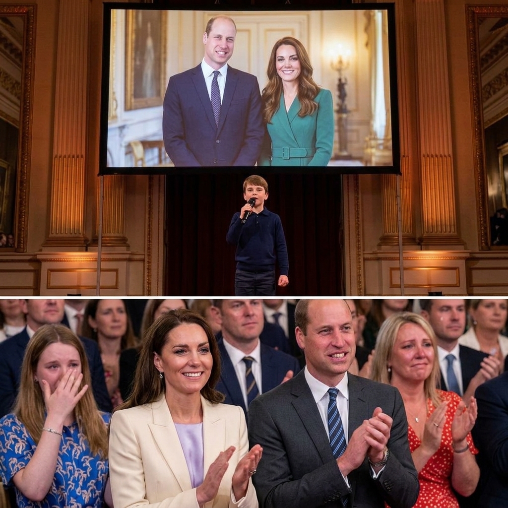 Thay đổi trang phục khác cho hoàng tử Louis, hoàng tử William và công nương Kate. Giữ nguyên bố cục ảnh: Phần ảnh phía trên thay đổi ảnh khác của hoàng tử William và công nương Kate trên màn hình chiếu.