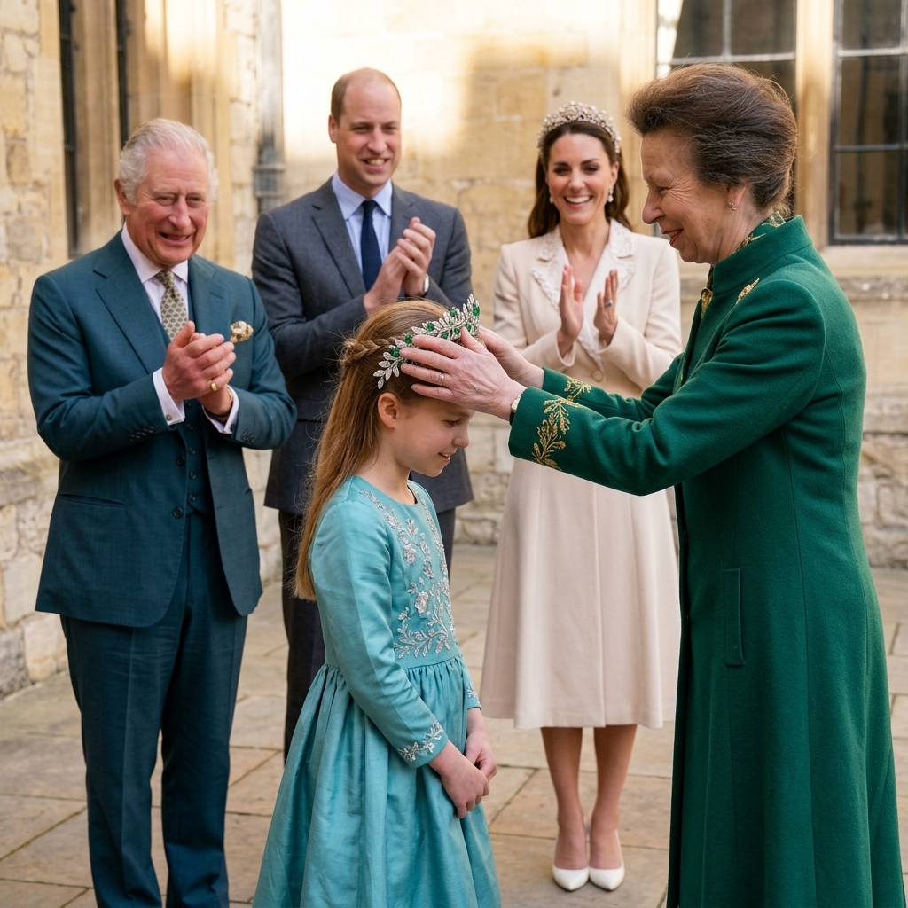 Thay đổi trang phục khác cho tất cả mọi người trong ảnh. Thay đổi vươn miệng khác để bà Anne đội lên đầu công chúa Charlotte.