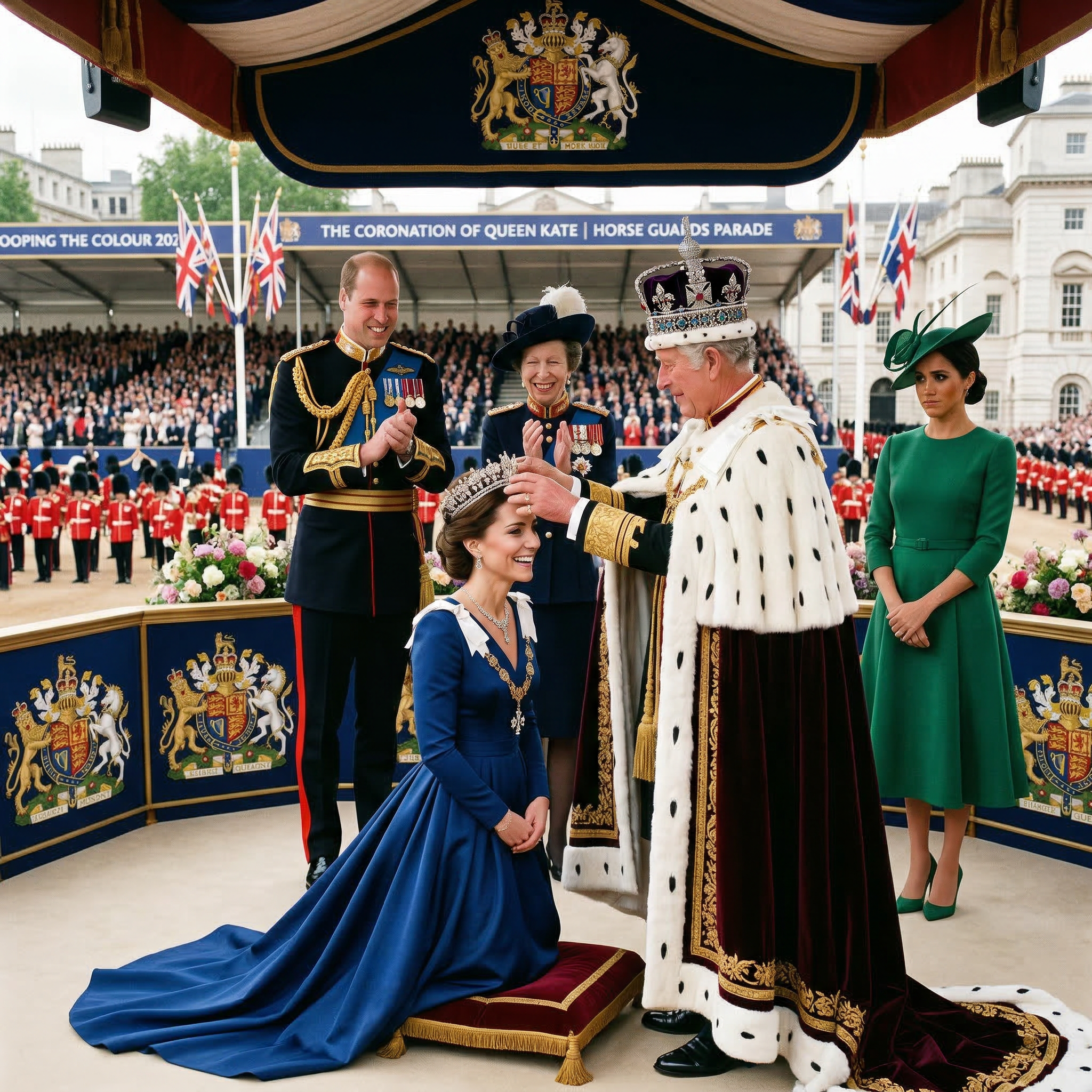 Tạo ảnh vua Charles đội vương miện hoàng gia Anh cho công nương Kate trên sân khấu trong buổi lễ diễu binh. Hoàng tử William và bà Anne đứng cười vỗ tay. Bà Meghan đứng bên vẻ mặt khó chịu. Mọi người thay đổi trang phục hoàng gia khác.