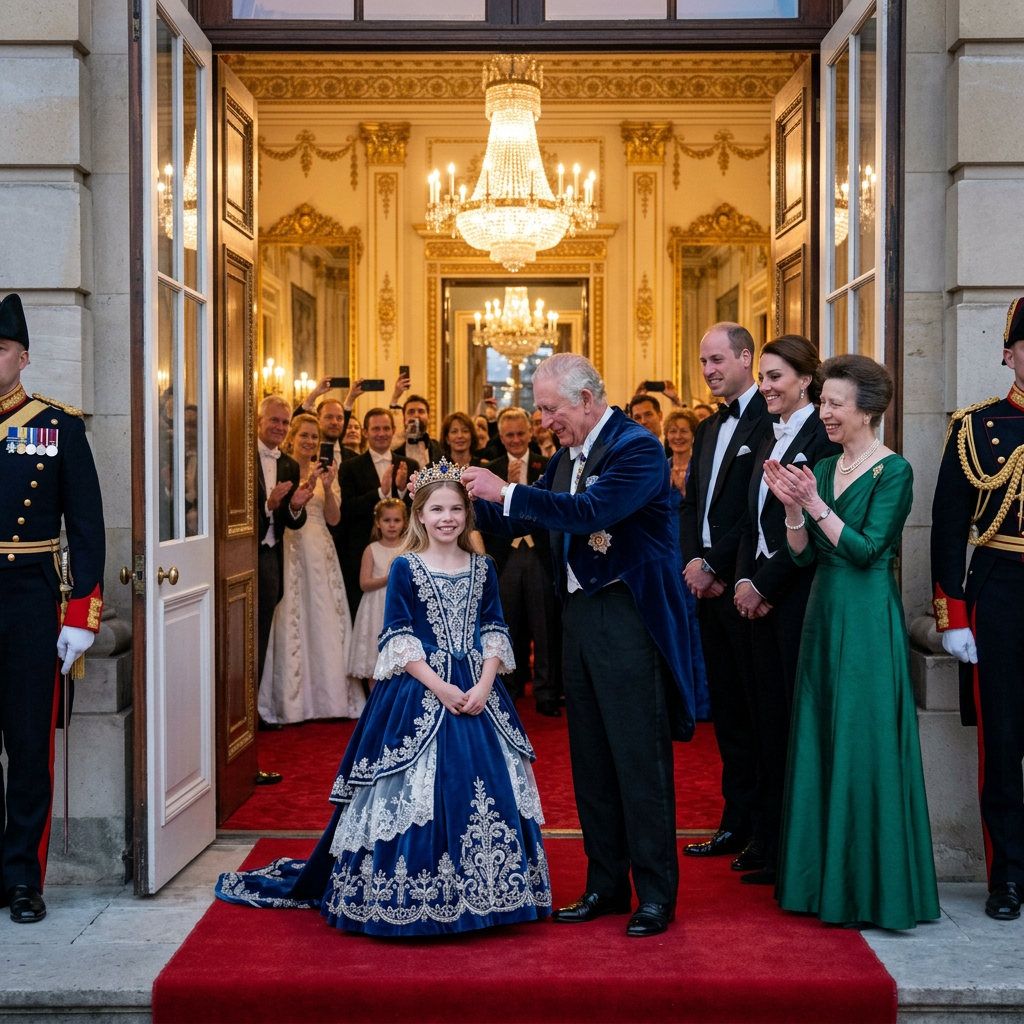 Thay đổi trang phục hoàng gia khác cho công chúa Charlotte và vua Charles. Không gian trước sảnh cung điện hoàng gia. Thêm bà Anne vỗ tay vui mừng.
