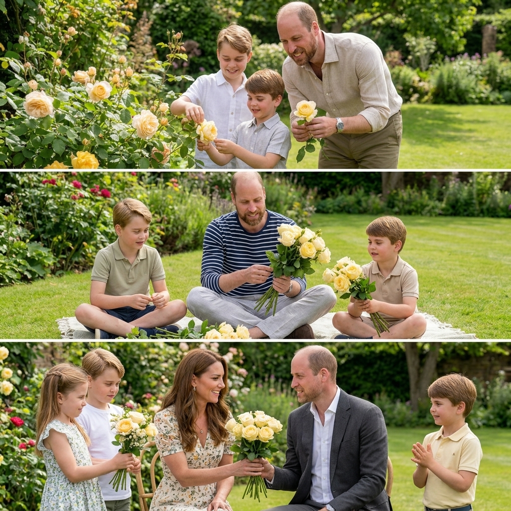 Thay đổi trang phục khác cho các thành viên gia đình công nương Kate. Thay đổi màu hoa hồng thành màu vàng nhạt. Thêm râu cua nón nhạt không sẩm cho hoàng tử William và không đội nón. Giữ nguyên bố cục ảnh.