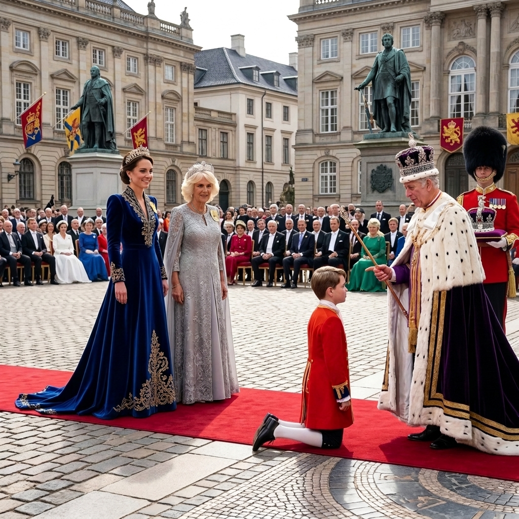 Thêm 1 cận vệ hoàng gia đứng cạnh vua Charles bưng 1 chiếc mũ hoàng gia giống của Vua Charles. Giữ nguyên bối cảnh.