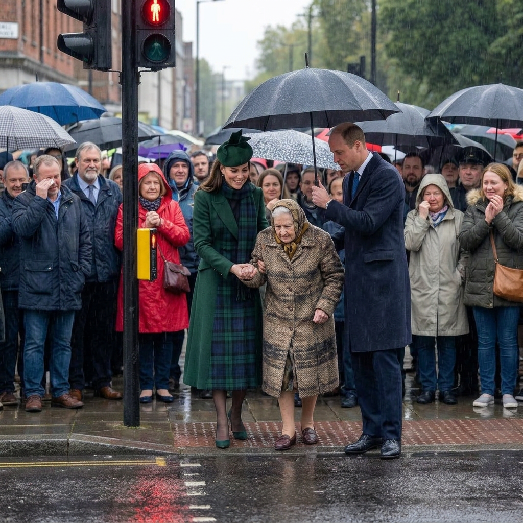 Tạo hình ảnh công nương Kate dẫn bà cụ qua đường, hoàng tử William cầm ô che dù cho 2 người. Xóa hình ảnh cậu bé ngồi xe lăn. Xóa hoàng tử Geogre, Louis và công chúa Charlotte.