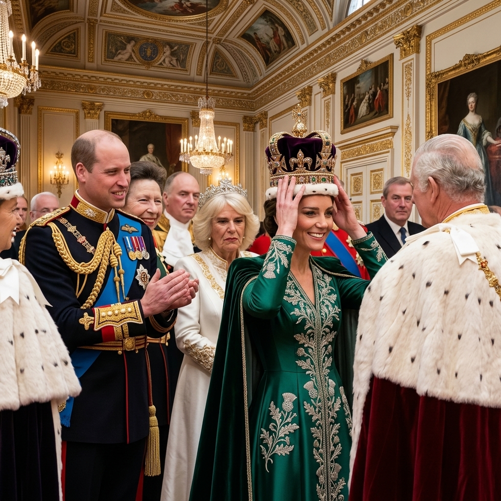 Thay đổi trang phục hoàng gia khác cho hoàng tử William và công nương Kate. Thay đổi bối cảnh trong sảnh cung điện hoàng gia. Bà Camilla tỏ thái độ không vui.